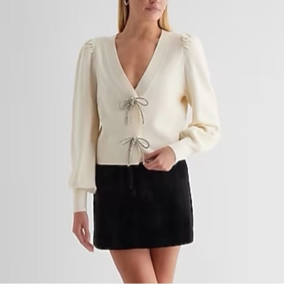 EXPRESS V-Neck Embellished Bow Cardigan - Picture 1 of 1